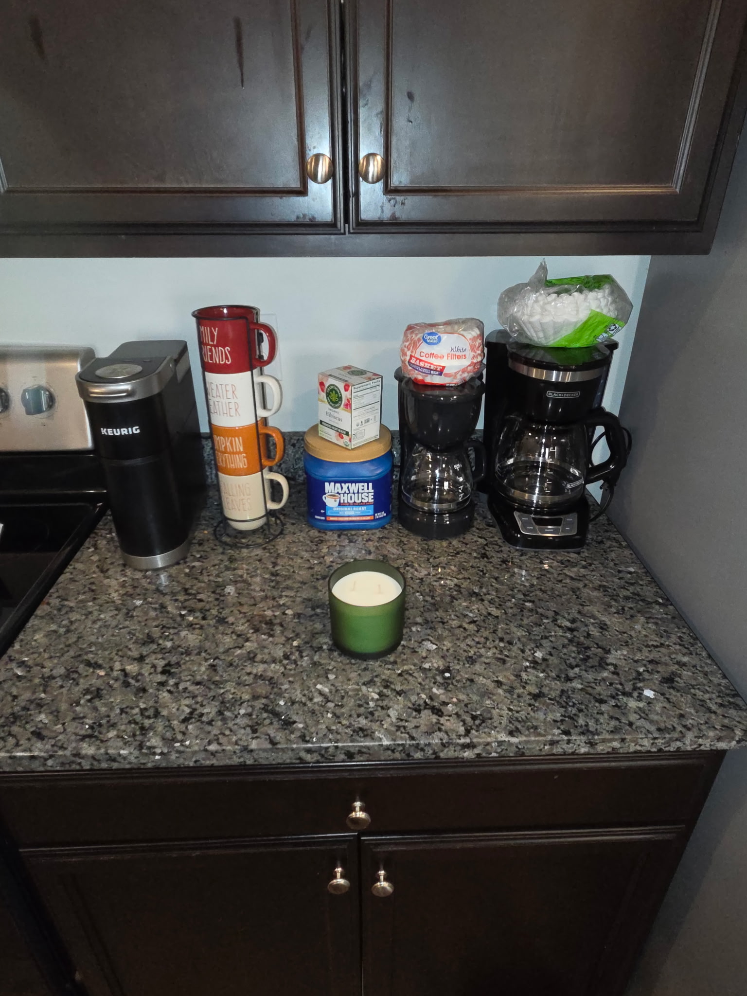 Coffee-making supplies on the kitchen counter