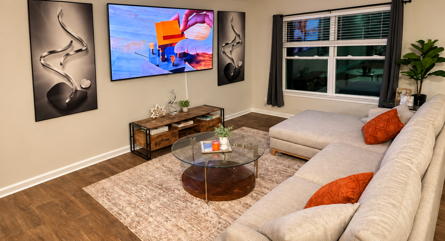 Living room at Brown's Townhouse with a spacious sectional and television